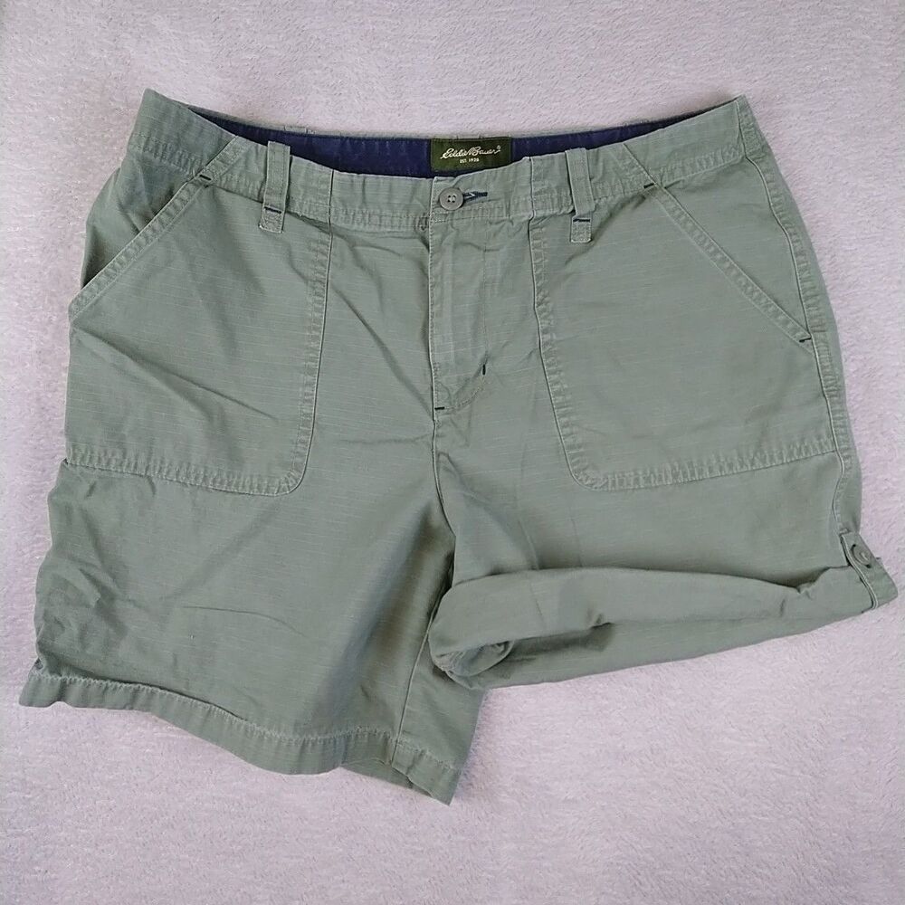 Eddie Bauer 6" Roll Tab Cuff Shorts Women's 10 Green Hiking Bermuda Cotton